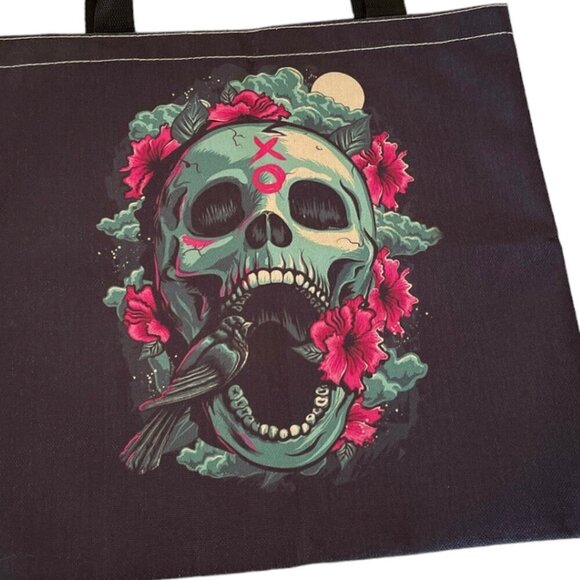 Screaming Skulls Roses XO Gothic Painted Fabric Casual Tote Bag - Picture 3 of 5